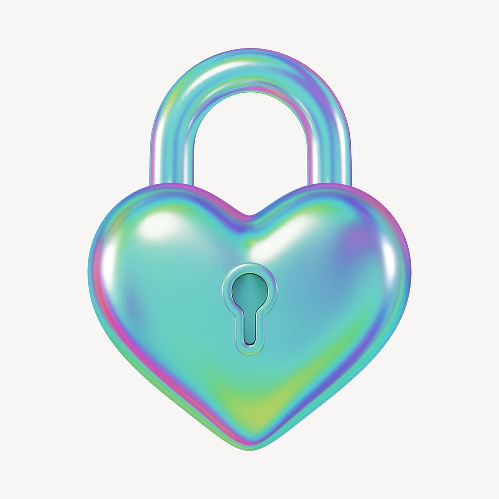 Holographic heart padlock, 3D Valentine's illustration