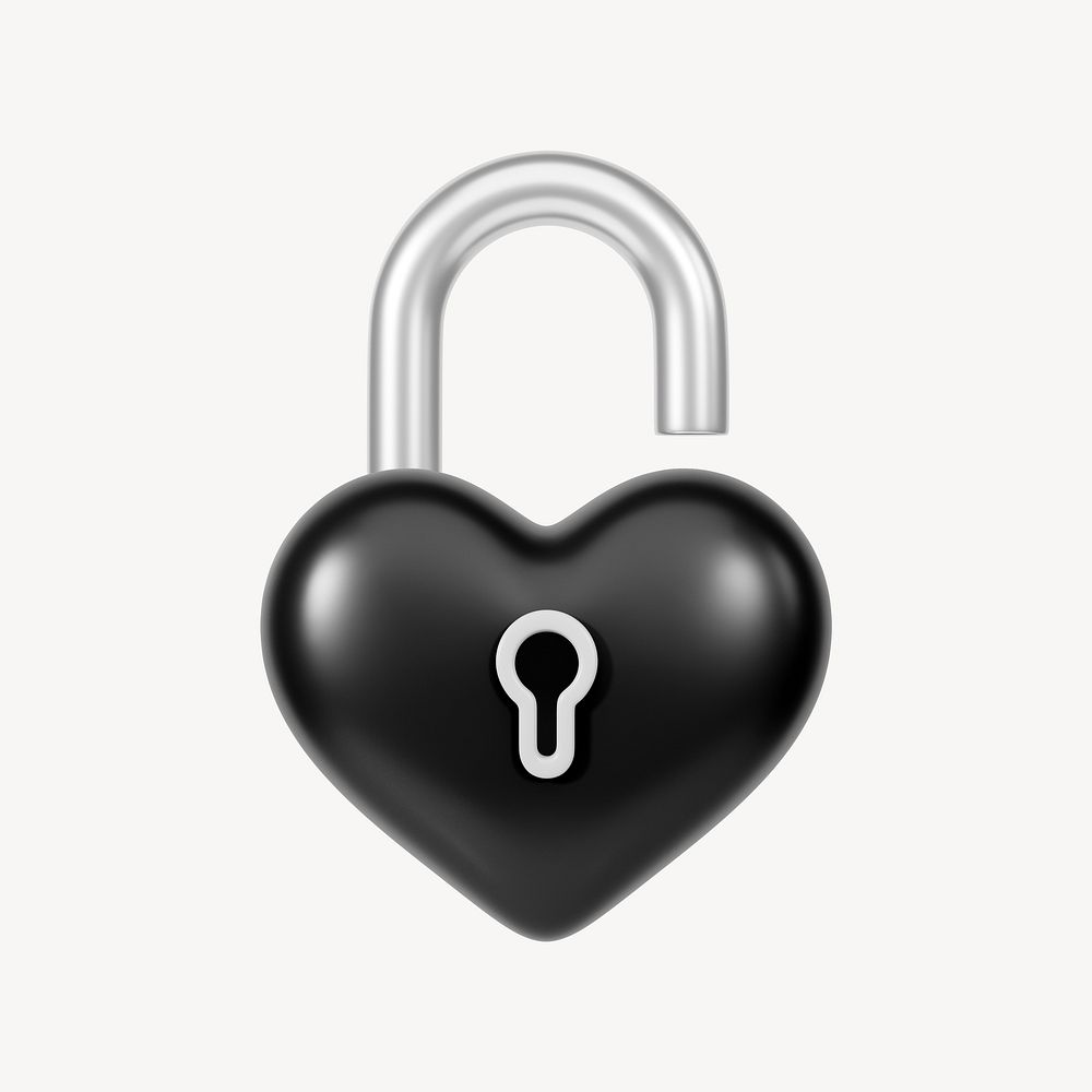 Black heart padlock, 3D Valentine's illustration