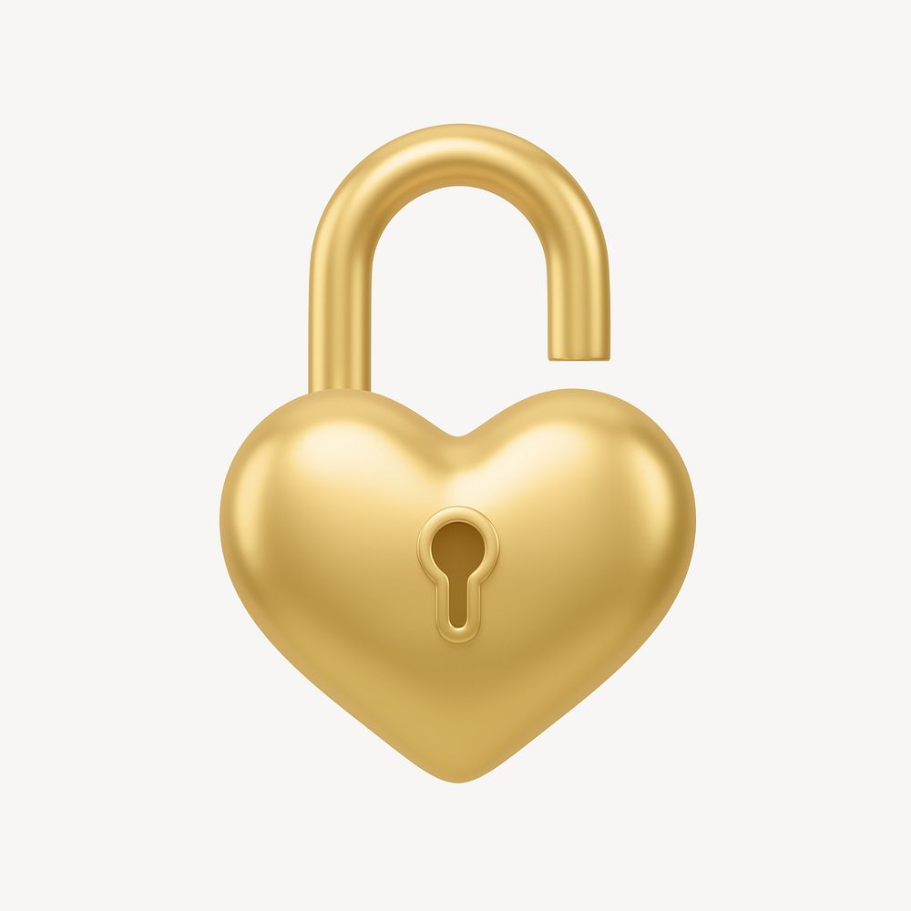 Golden heart padlock, 3D Valentine's illustration