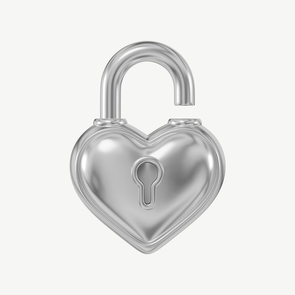 Silver heart padlock, 3D Valentine's collage element psd