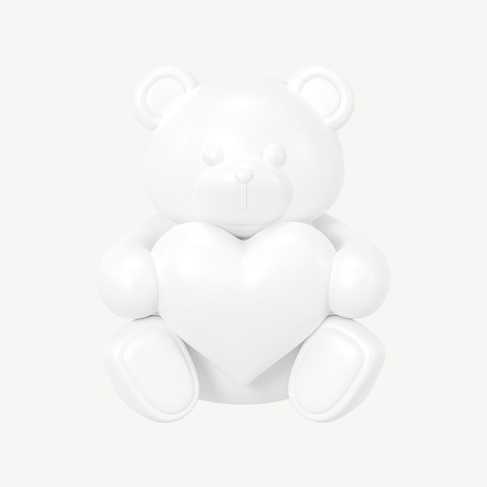 White teddy bear holding heart, 3D illustration psd