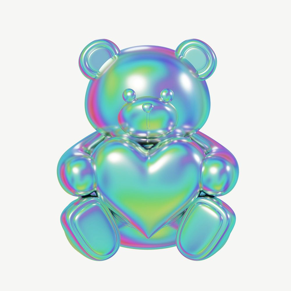 Metallic teddy bear holding heart, 3D illustration psd