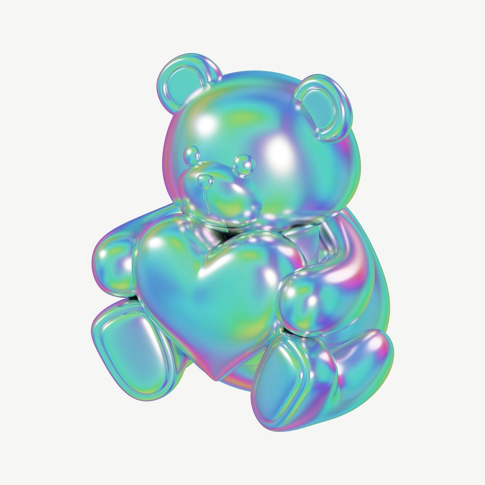 Metallic teddy bear holding heart, 3D illustration psd