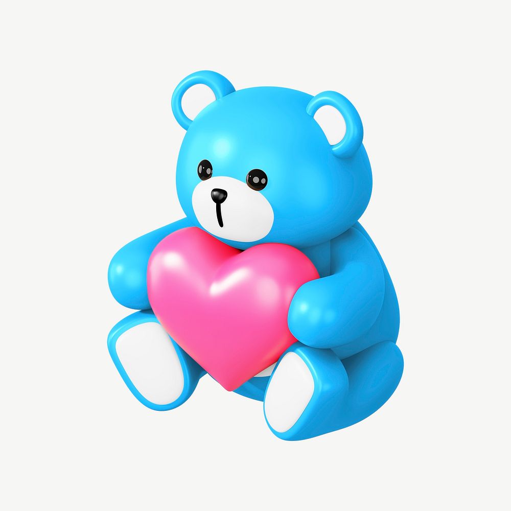 Blue teddy bear holding heart, 3D illustration psd