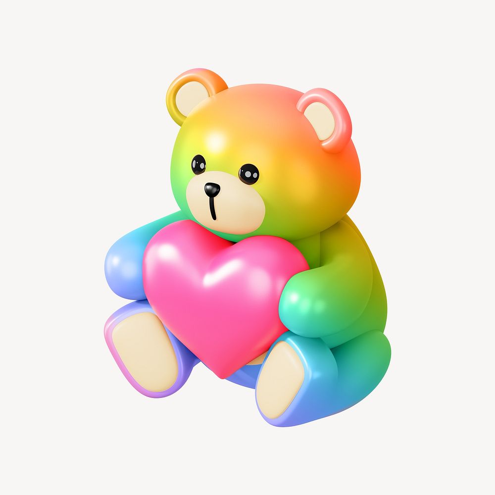 Rainbow teddy bear holding heart, 3D illustration