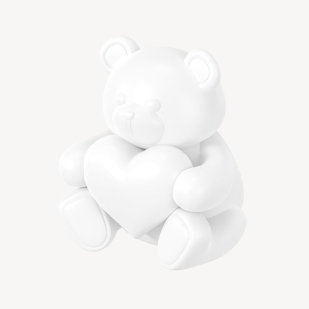 White teddy bear holding heart, 3D illustration