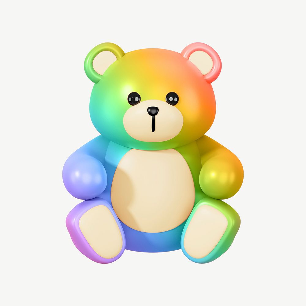 Rainbow teddy bear, 3D illustration psd