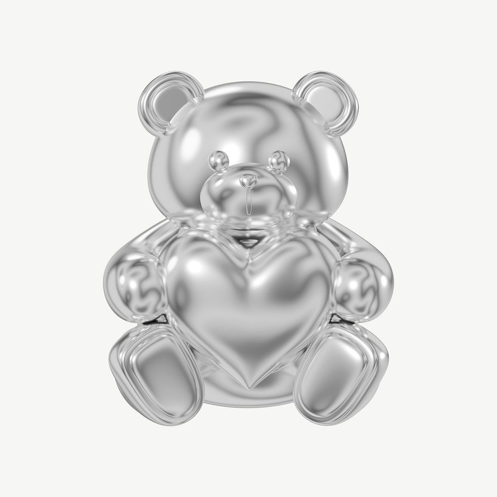 Silver teddy bear holding heart, 3D illustration psd