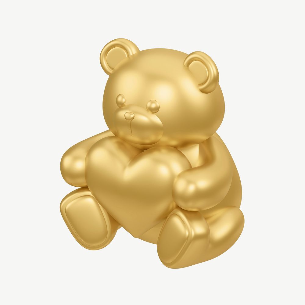 Golden teddy bear holding heart, 3D illustration psd