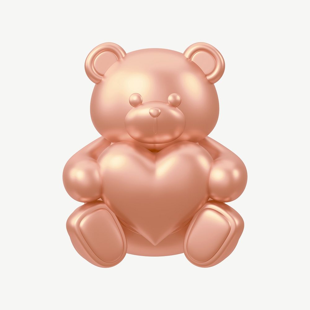 Copper teddy bear holding heart, 3D illustration psd