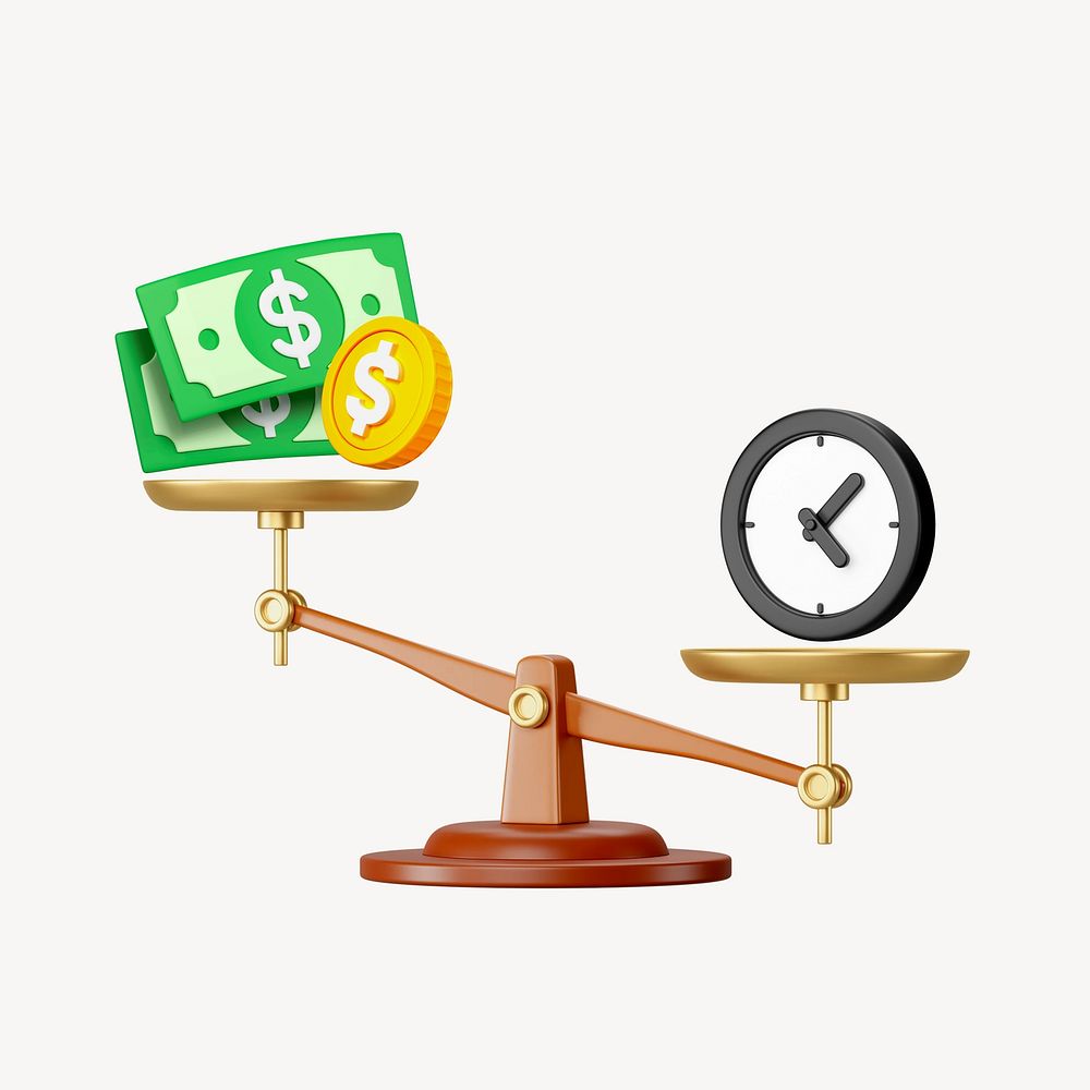 Time & money weighing on scales, 3D remix