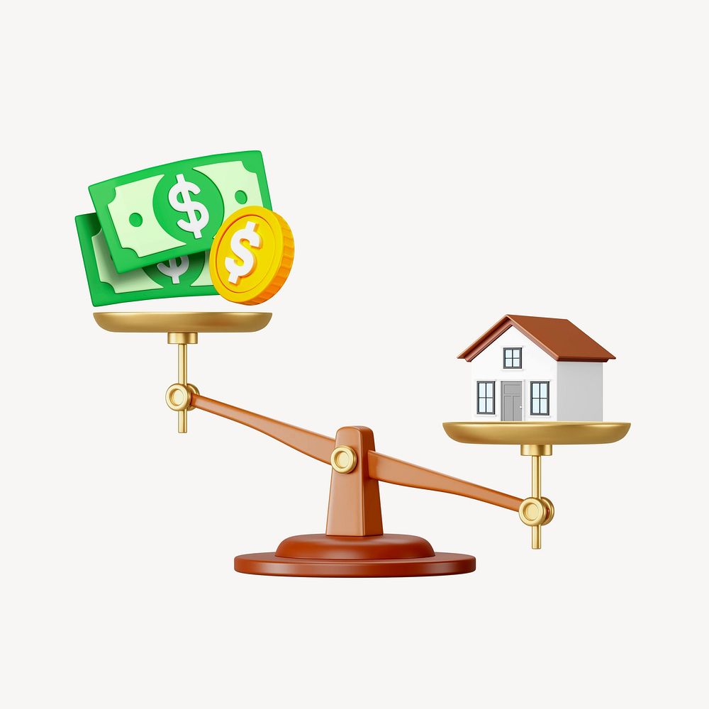 Money & property weighing on scales, 3D remix