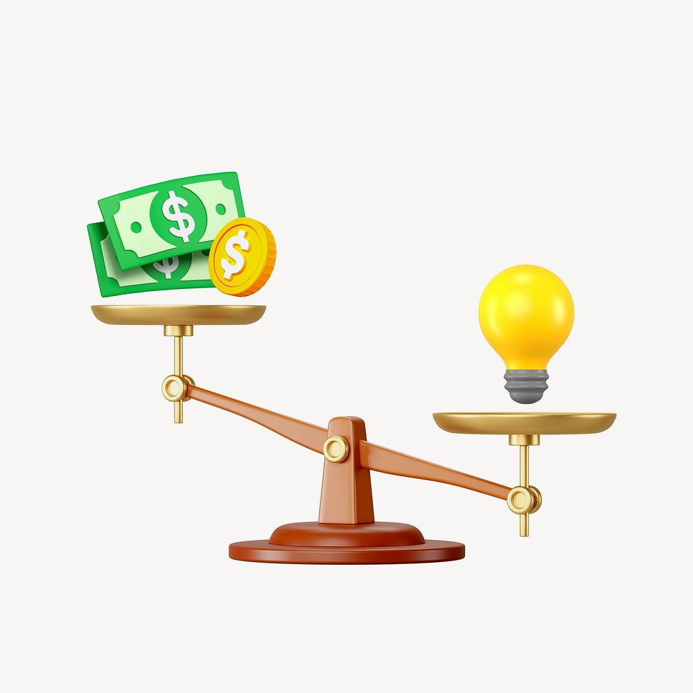 Money & light bulb weighing on scales, 3D remix