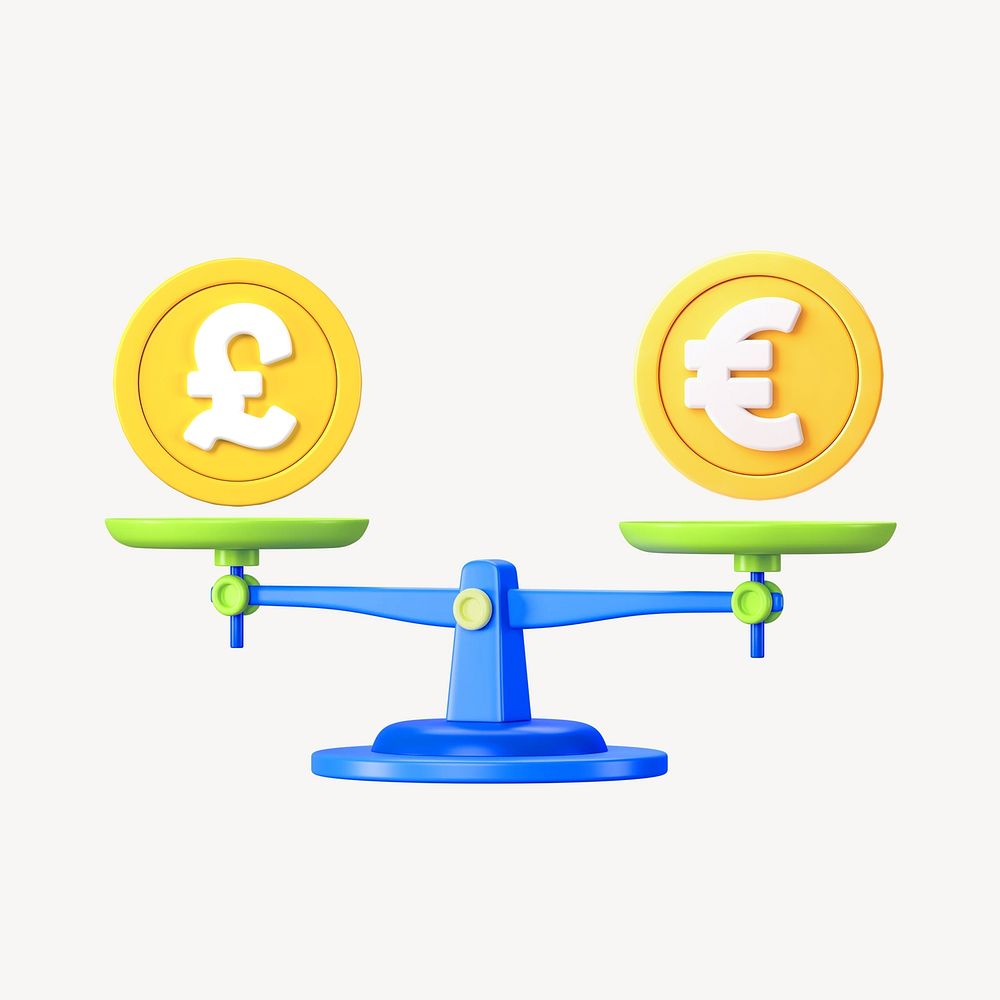 Currency exchange weighing on scales, 3D remix