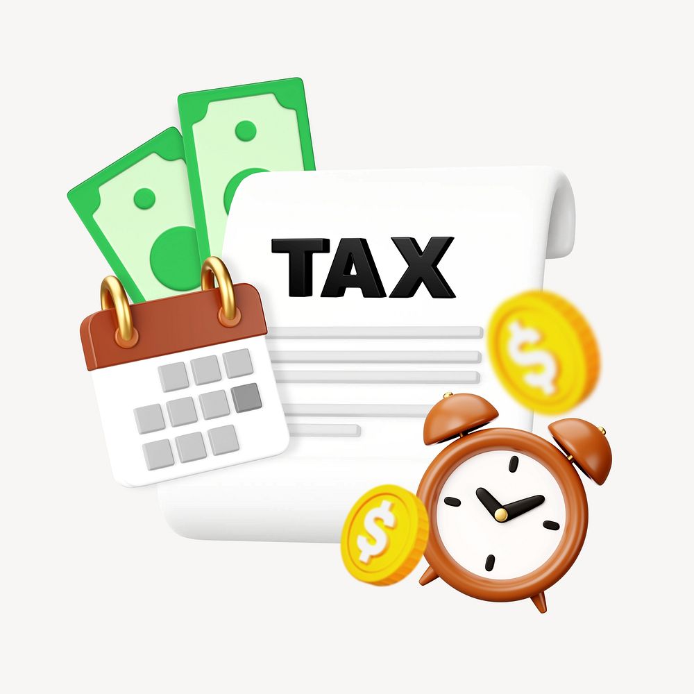 3D tax filing, clock and paper, finance remix