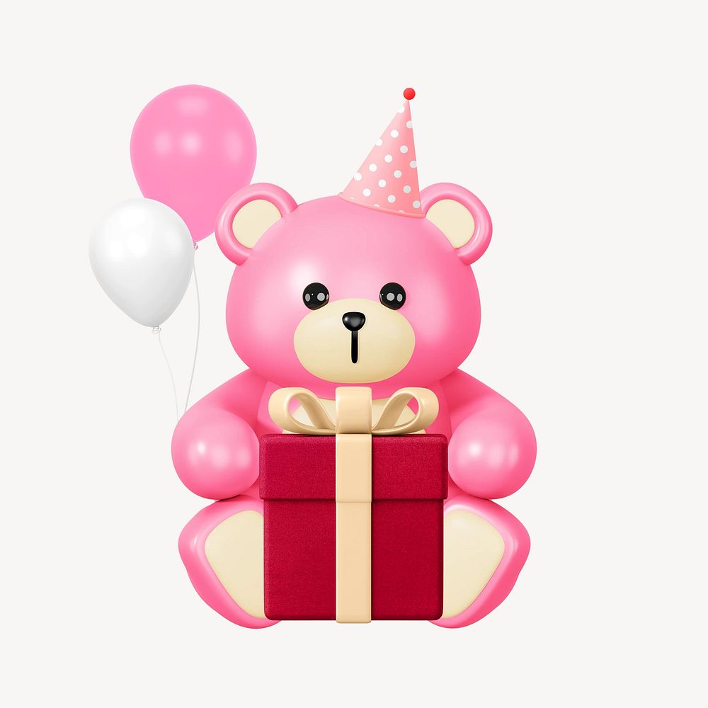 Pink birthday teddy bear, 3D illustration