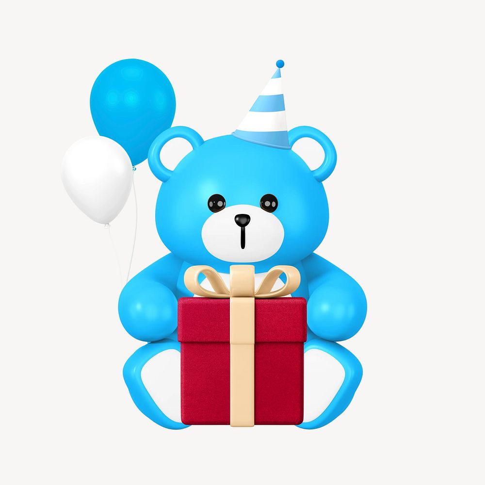 Blue birthday teddy bear, 3D illustration