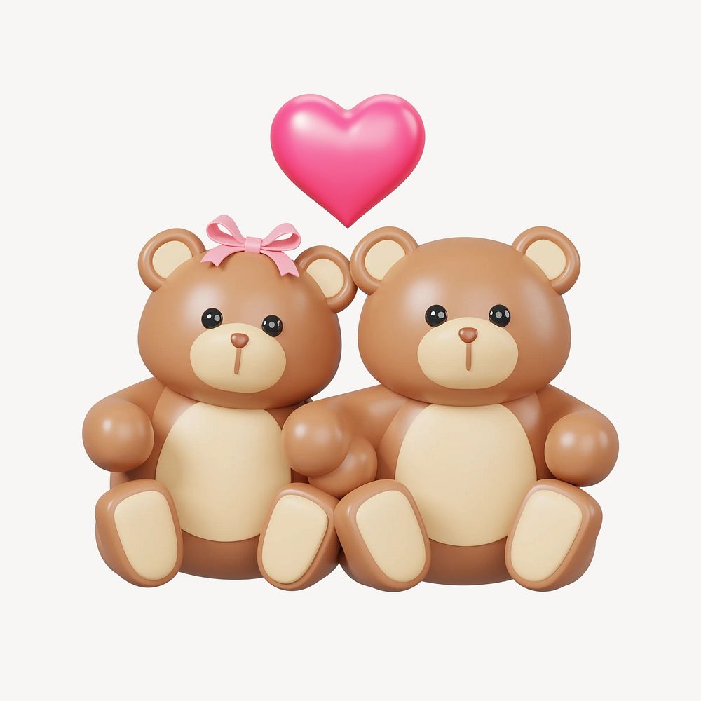 Couple teddy bears, 3D Valentine's illustration