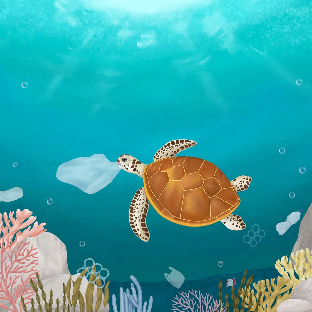 Sea turtle, pollution background, aesthetic paint illustration