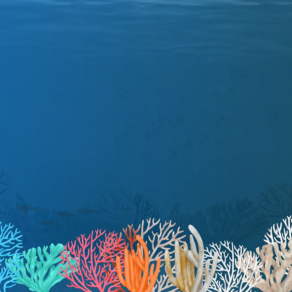 Coral reef, blue background, aesthetic paint illustration