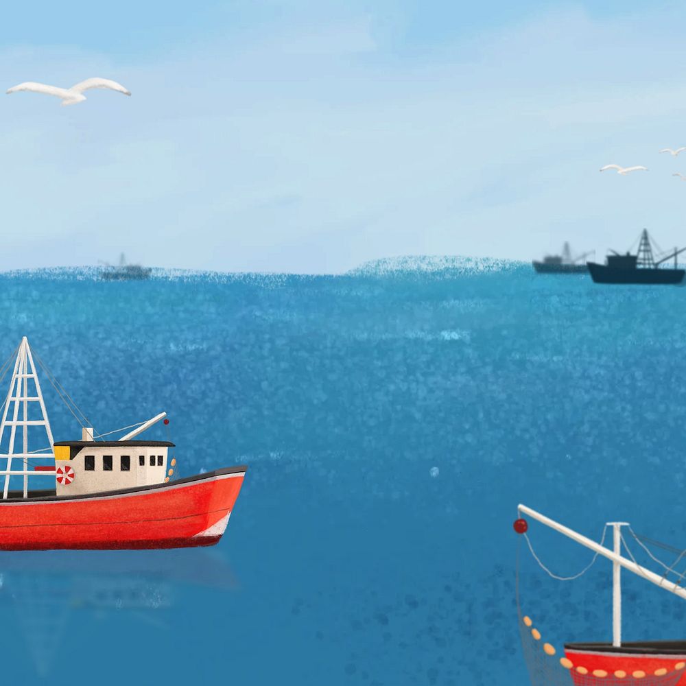Fishing boats, blue background, aesthetic paint illustration