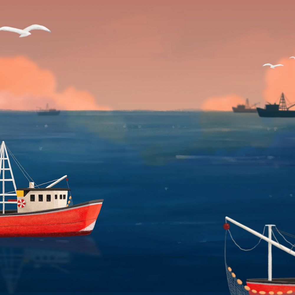 Fishing boats seascape background, aesthetic paint illustration
