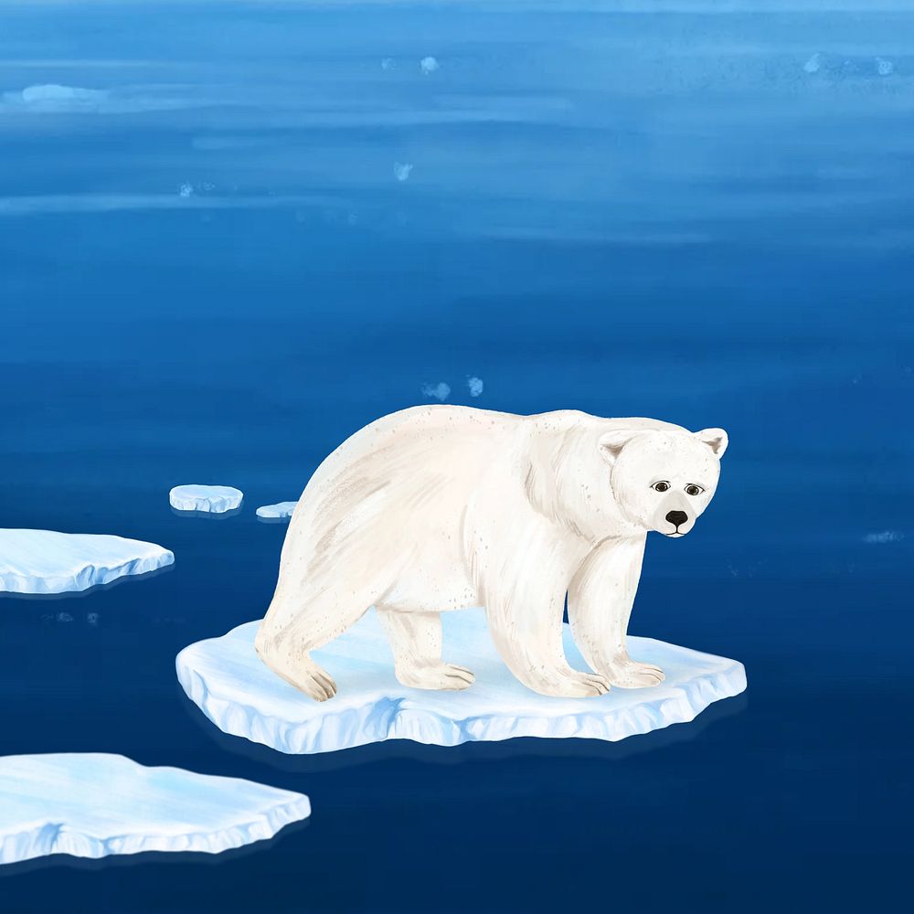 Sad polar bear, blue background, aesthetic paint illustration