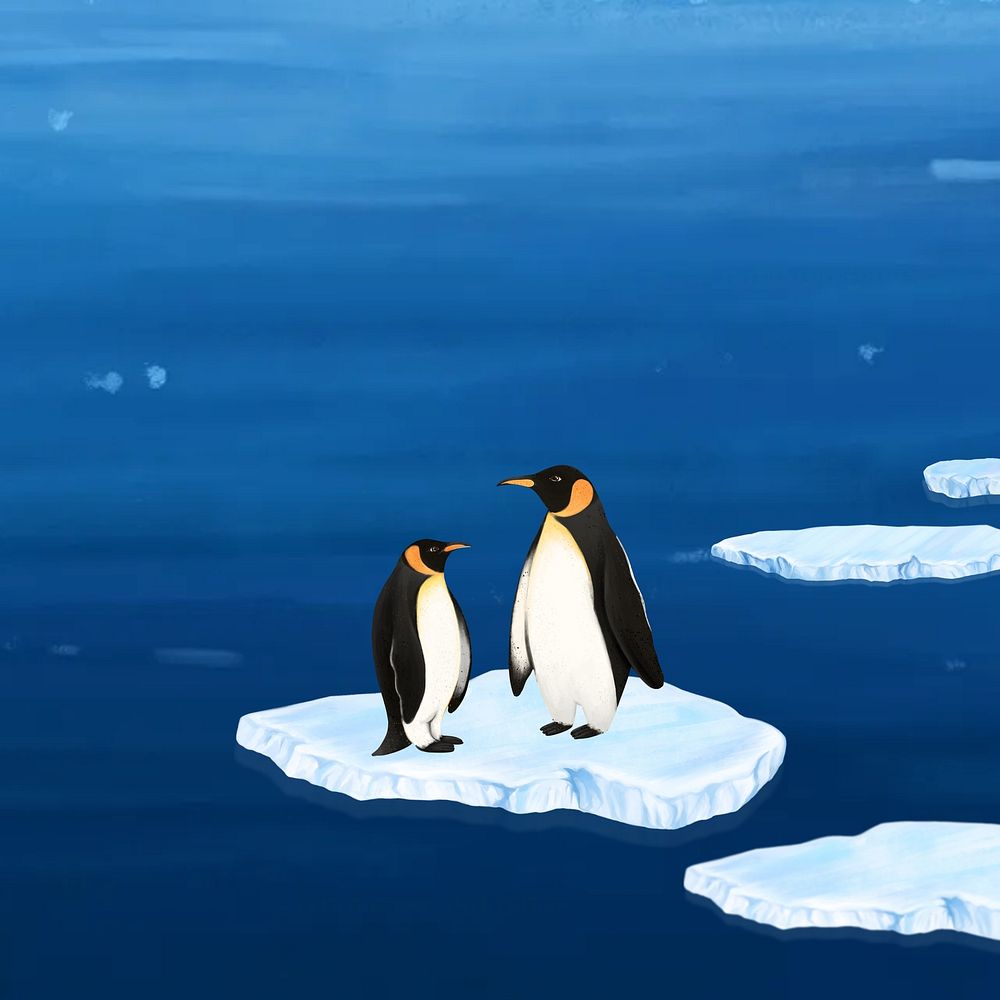Penguin environment, blue background, aesthetic paint illustration