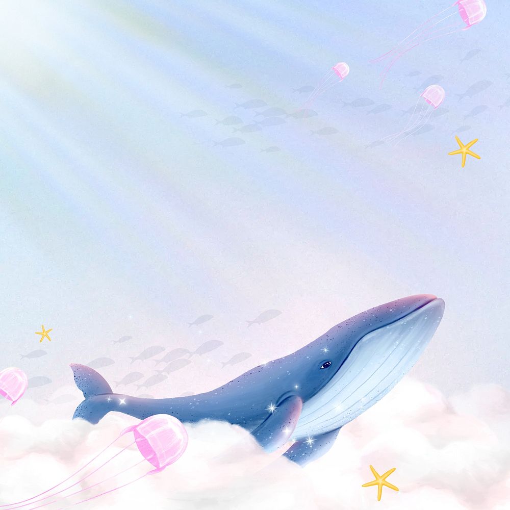 Fantasy whale in sky background, aesthetic paint illustration