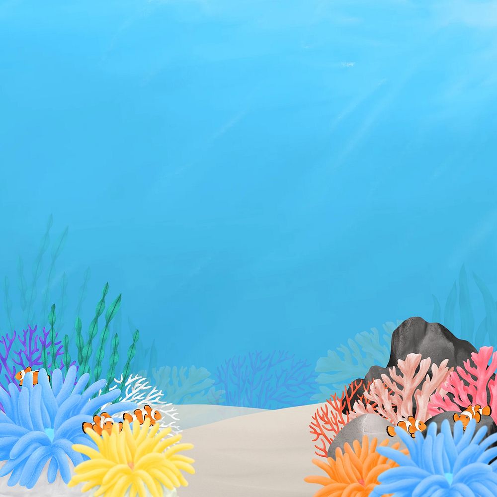 Underwater world, blue background, aesthetic paint illustration
