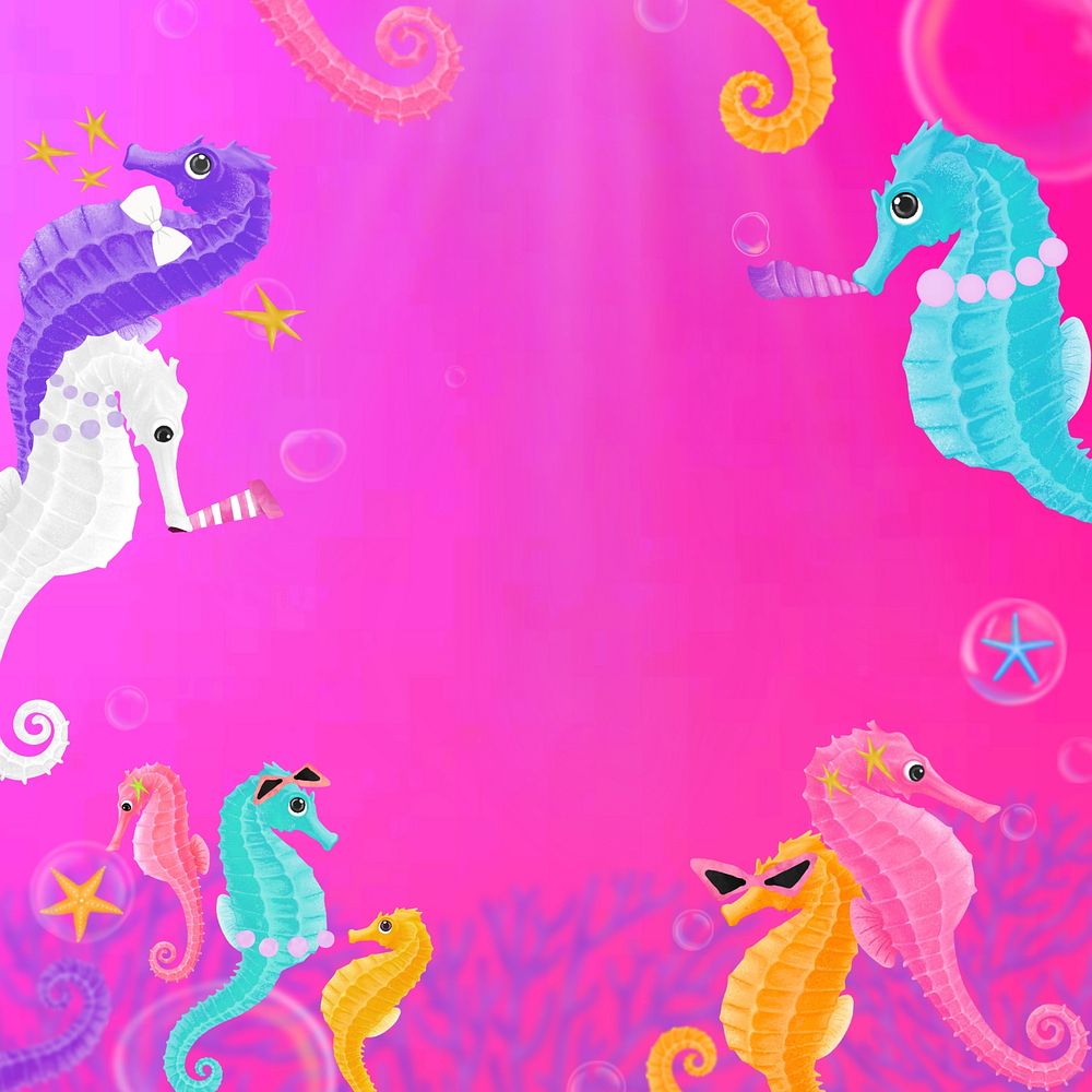 Seahorse party frame, pink background, aesthetic paint illustration