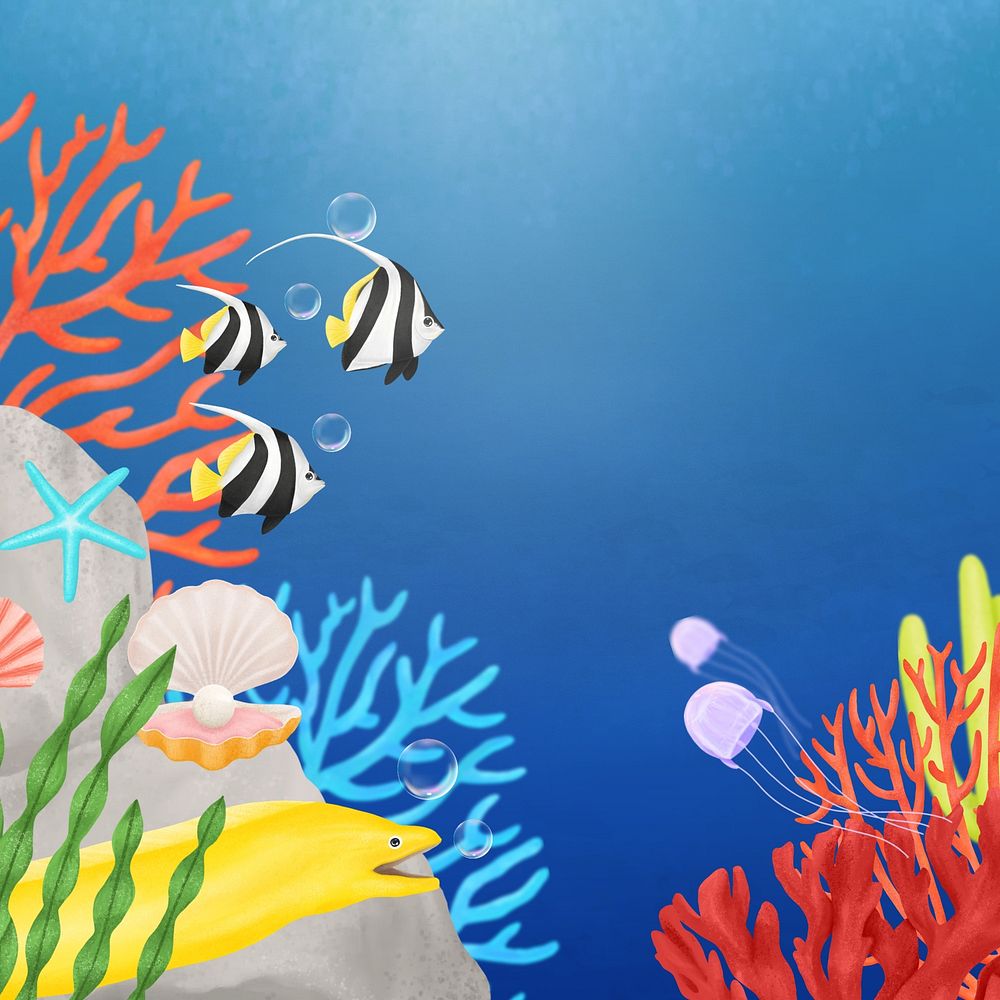 Coral reef, blue background, aesthetic paint illustration