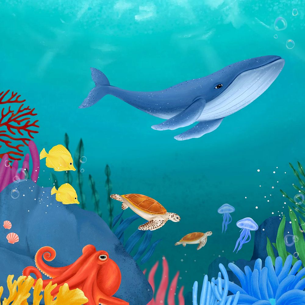 Underwater sea world, cute hand drawn illustration