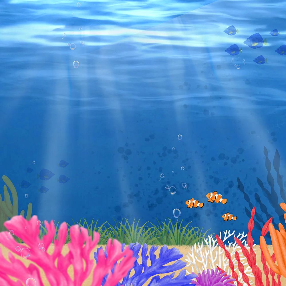 Coral reef, blue background, aesthetic paint illustration