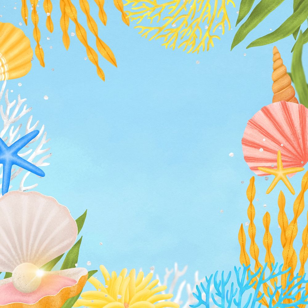 Coral reef frame, blue background, aesthetic paint illustration