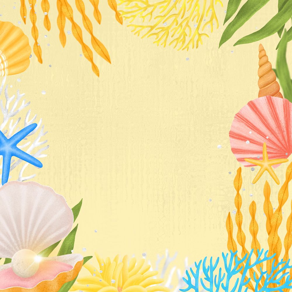 Coral reef frame, yellow background, aesthetic paint illustration