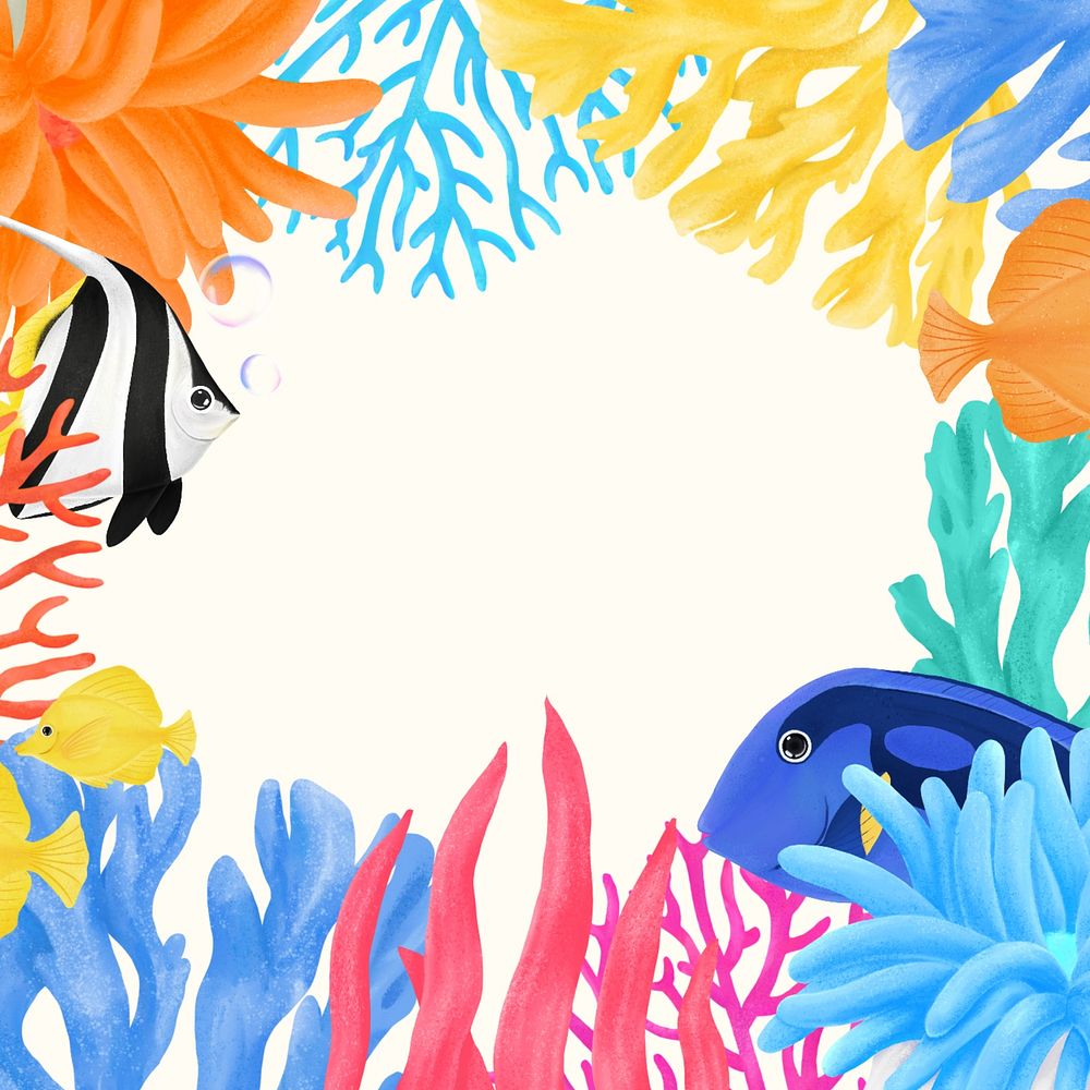 Coral reef frame, colorful background, aesthetic paint illustration