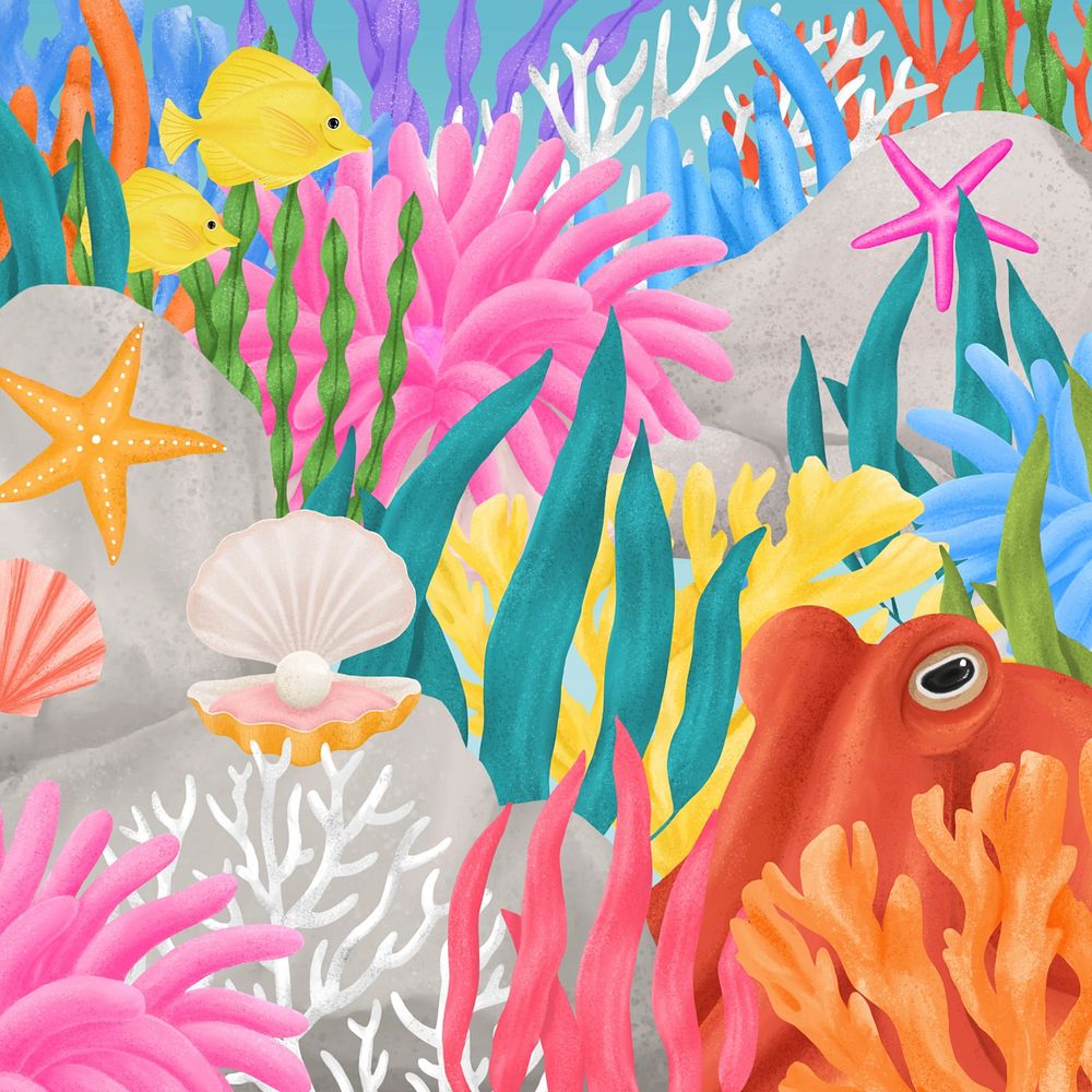 Coral reef pattern background, aesthetic paint illustration