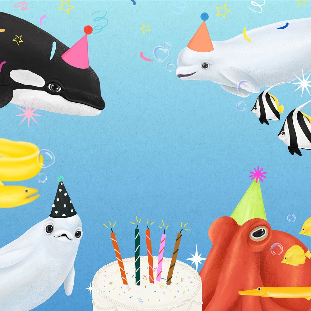 Sea life birthday party, blue background, aesthetic paint illustration