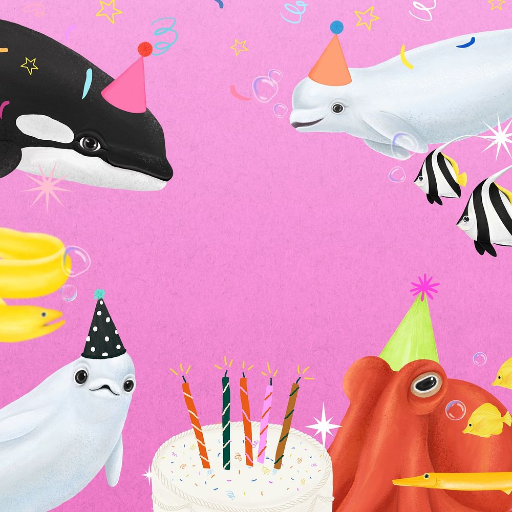 Sea life birthday party, pink background, aesthetic paint illustration