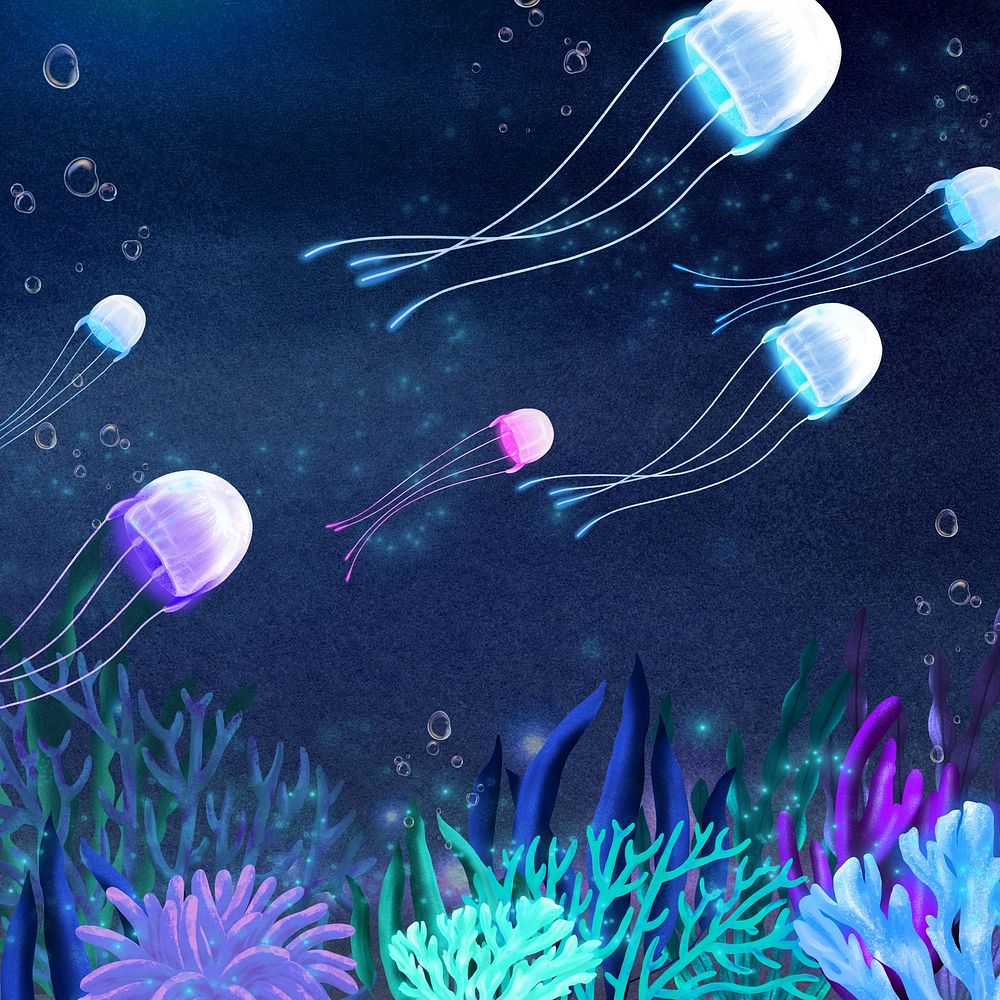 Neon jellyfish, dark background, aesthetic paint illustration