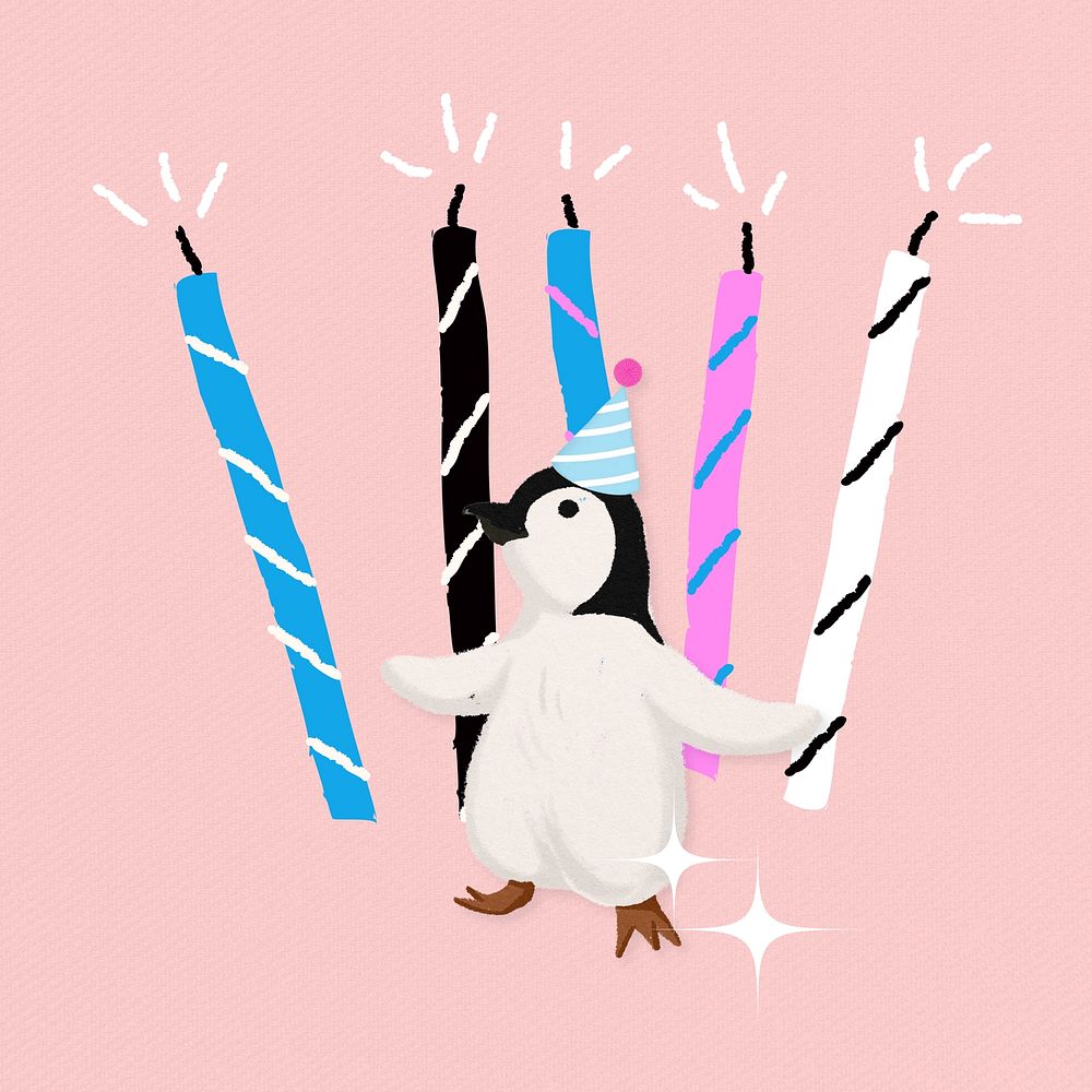 Birthday penguin, cute hand drawn illustration