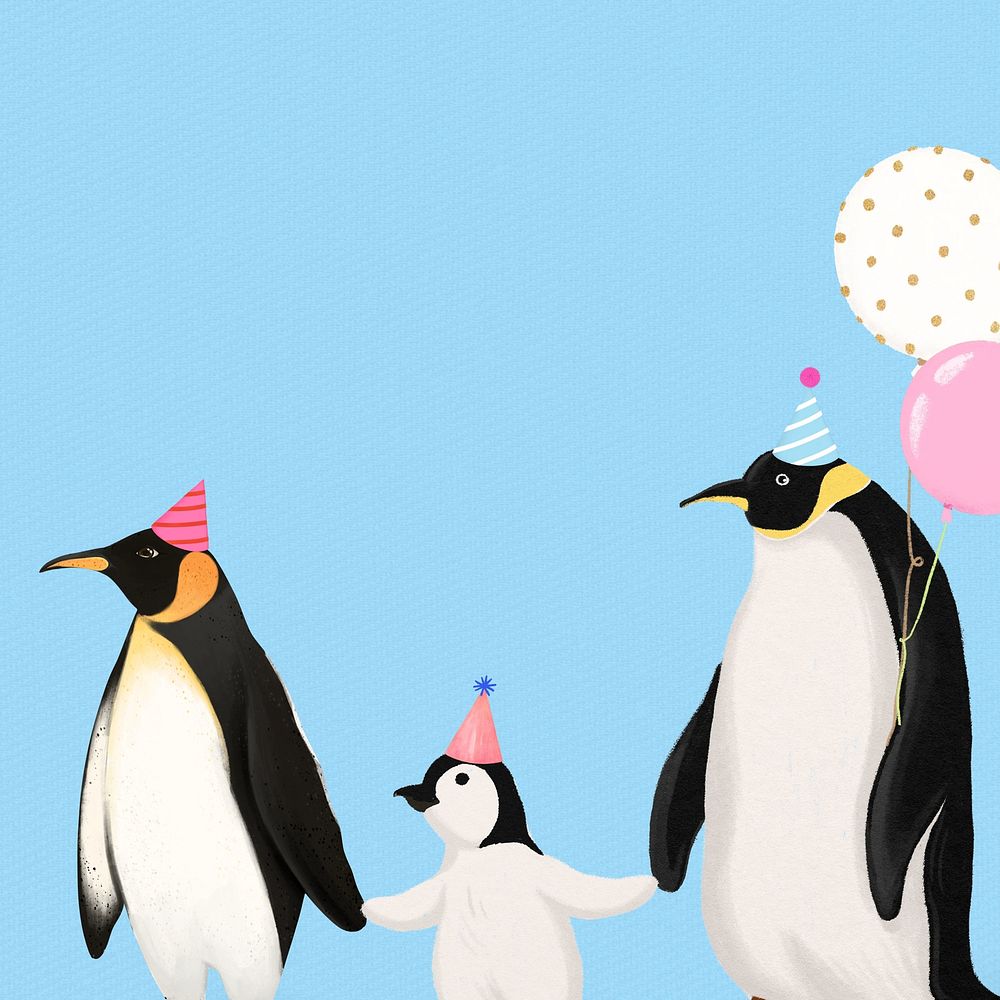 Party penguin family, blue background, aesthetic paint illustration
