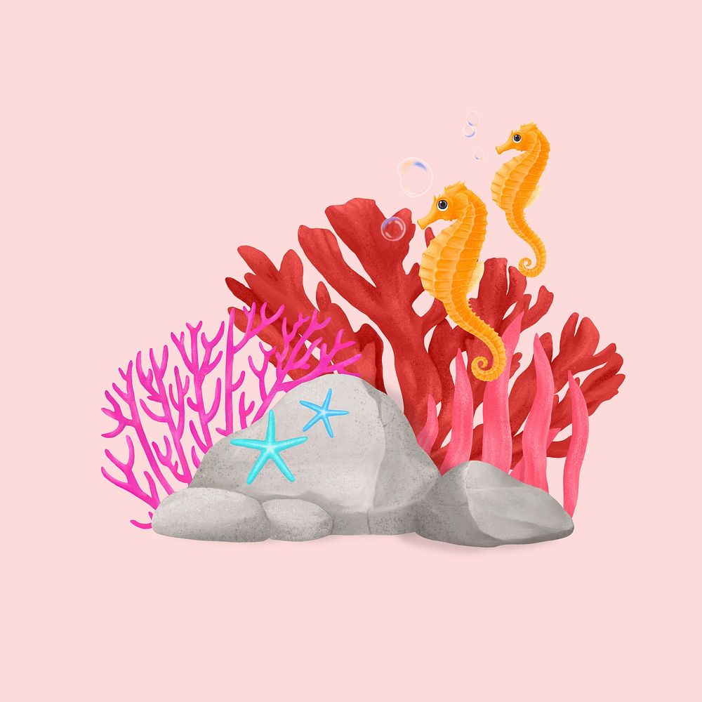 Pink coral reef, cute hand drawn illustration