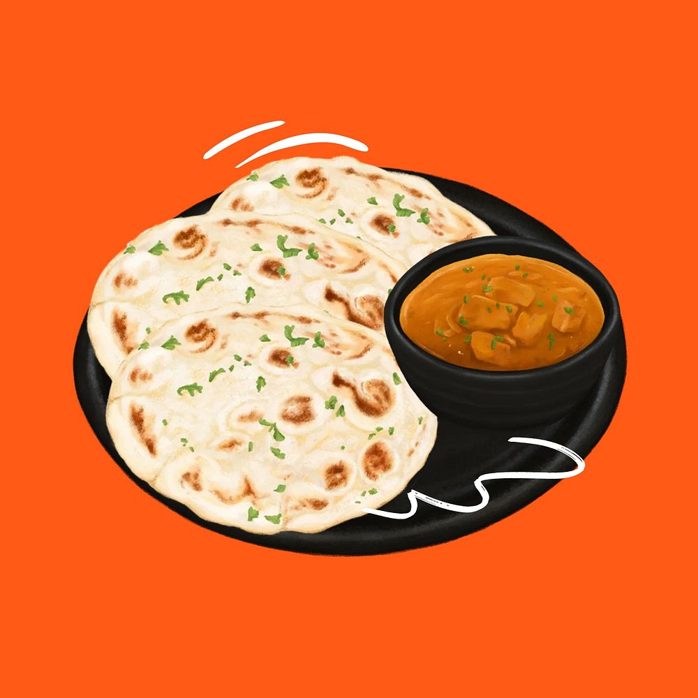 Indian butter chicken and naan bread, food illustration