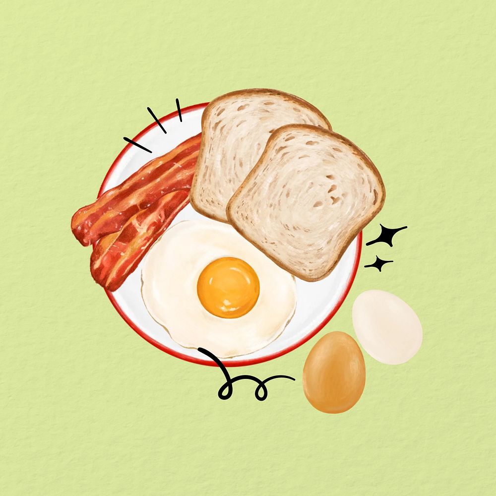 Sunny side up, toast & smoked bacons, breakfast food illustration