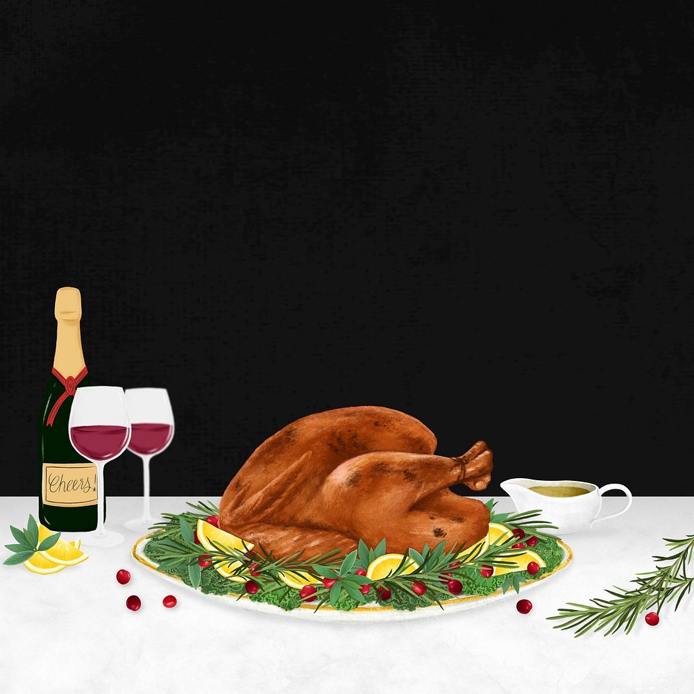 Thanksgiving dinner turkey background, Christmas food illustration