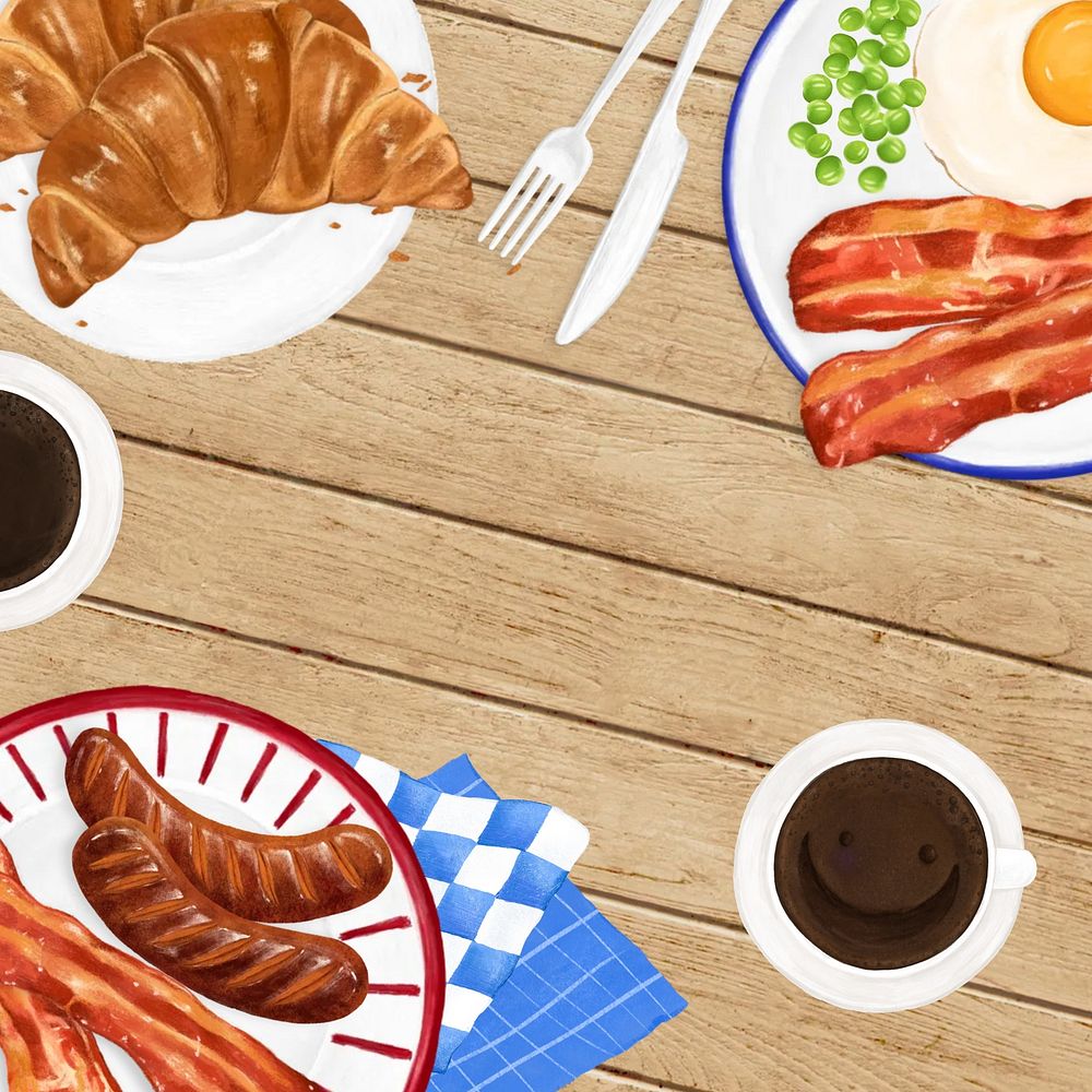 Breakfast food illustration background, wooden table illustration