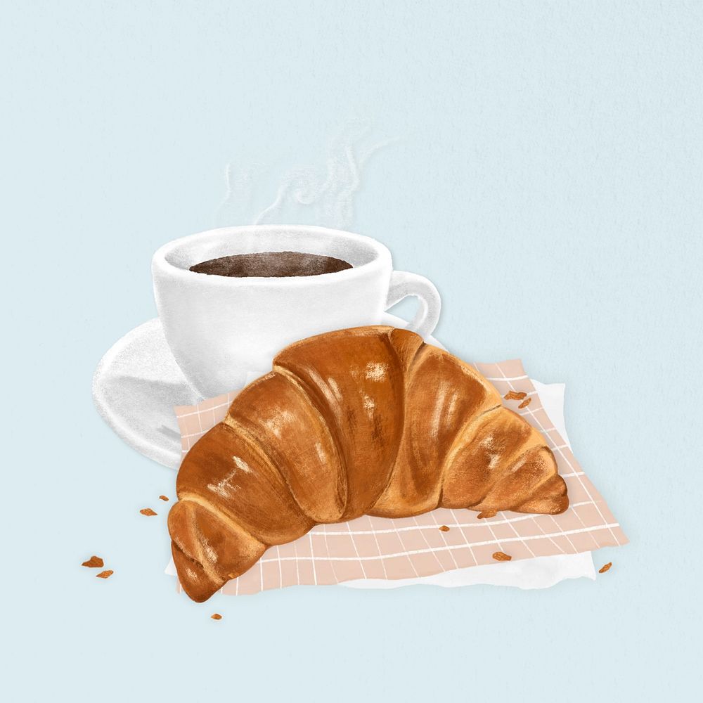 Croissant & coffee, breakfast food illustration