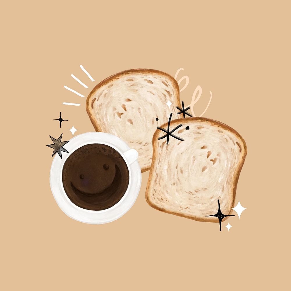 Toast & coffee, breakfast food illustration